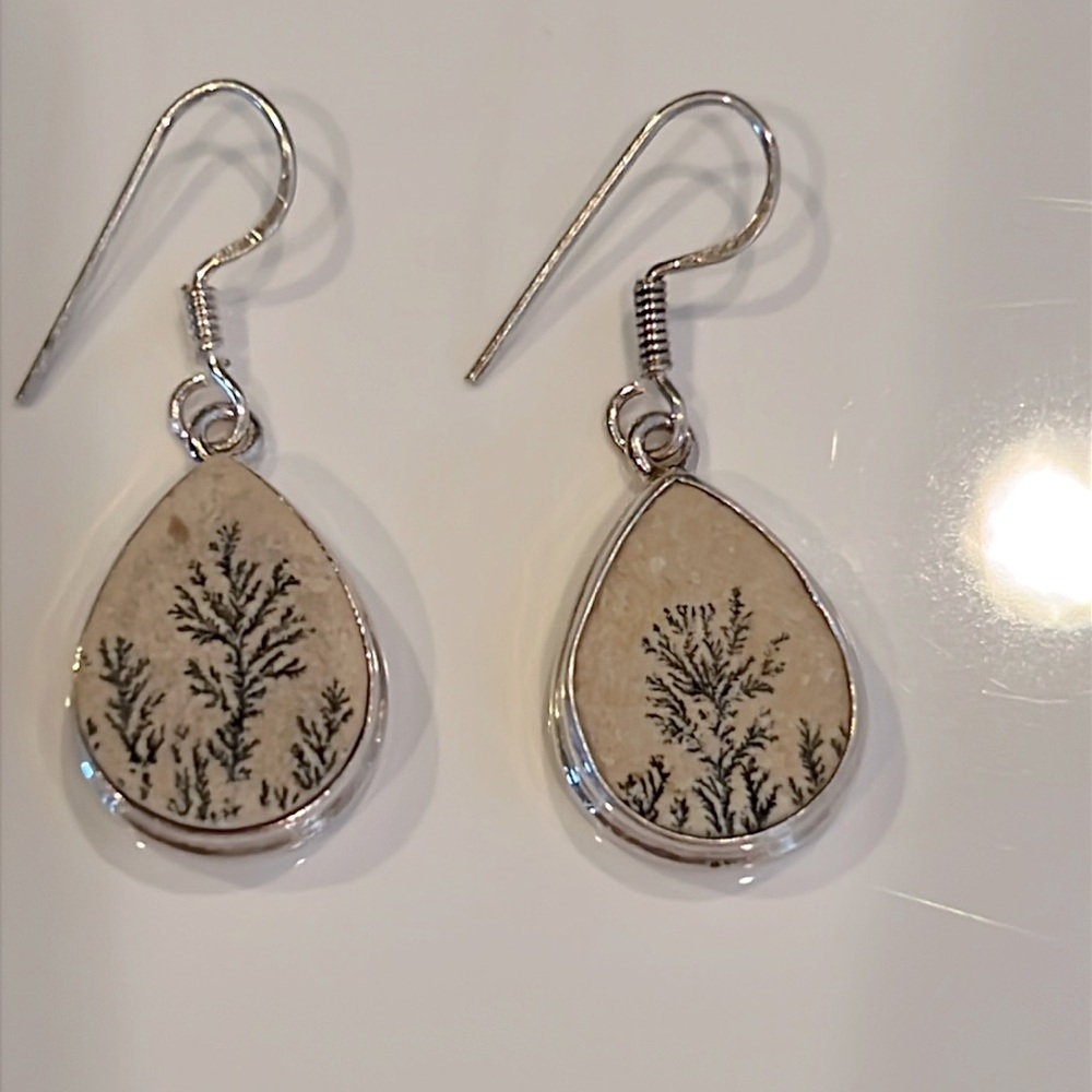 Sterling Silver and Dendritic Natural Stone Elegant Teardrop Design Earrings